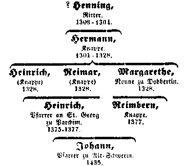 Stammbaum der Familie von Plau: ? Henning, Ritter. 1303 - 1304. - Hermann, Knappe. 1301 - 1328. - Heinrich, (Knappe) 1328.; Reimar, (Knappe) 1328.; Margarethe, Nonne zu Dobbertin. 1328. - Heinrich, Pfarrer an St. Georg zu Parchim. 1375 - 1377.; Reimbern, Knappe. 1377. - Johann, Pfarrer zu Alt = Schwerin. 1435.