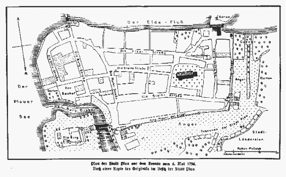 Plan der Stadt Plau vor dem Brande vom 6. Mai 1756.