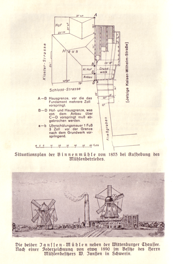 Situationsplan der Binnenmühle von 1853 bei Aufhebung des Mühlenbetriebes. / Die beiden Janssen Mühlen nebem der Wittenburger Chaussee