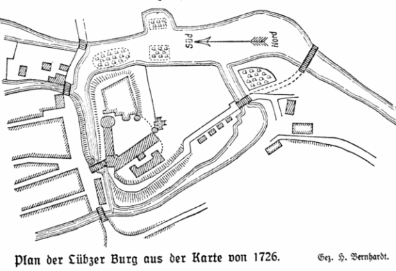 Plan der Lübzer Burg aus der Karte von 1726. Gez. H. Bernhardt.