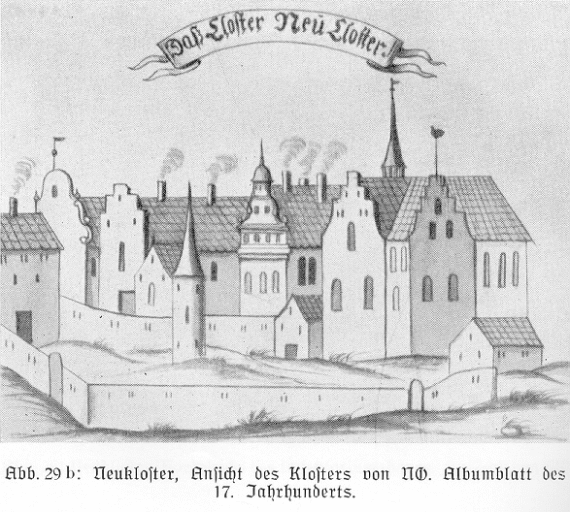 Abb. 29 b: Neukloster, Ansicht des Klosters von NO. Albumblatt des 17. Jahrhunderts.