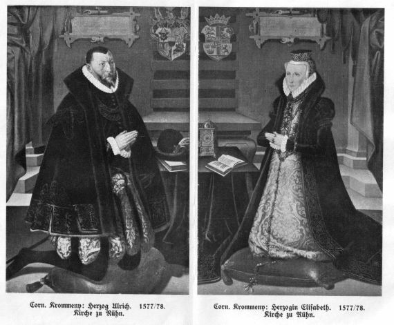 Corn. Krommeny: Herzog Ulrich. 1577/78. Kirche zu Rühn. / Corn. Krommeny: Herzogin Elisabeth. 1577/78. Kirche zu Rühn.