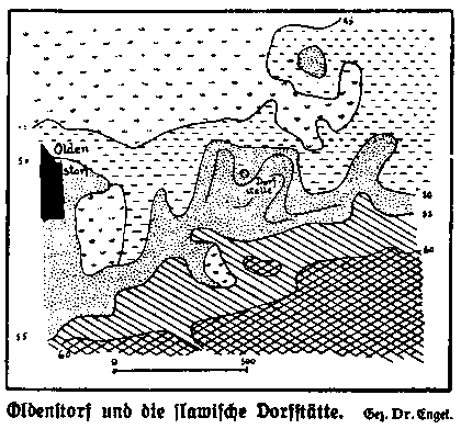 Oldenstorf und die slawische Dorfstätte. Gez. Dr. Engel.