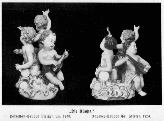 Die Künste. Porzellan-Gruppe Meißen um 1749. und Fayence-Gruppe Gr. Stieten 1754